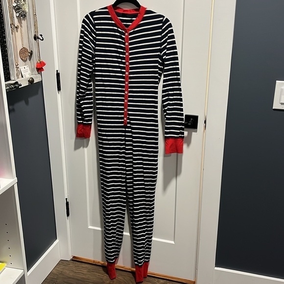 J Crew Unionsuit Onesie Pajamas Navy Stripe Red Jersey Cotton Loungewear EUC - Picture 3 of 10
